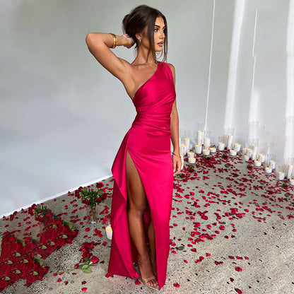 Sexy One-Shoulder Backless Satin Slit Dress