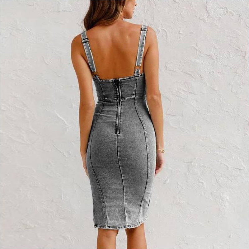 U-Neck Suspender Denim Dress - Slim Fit Summer Dress with Slit