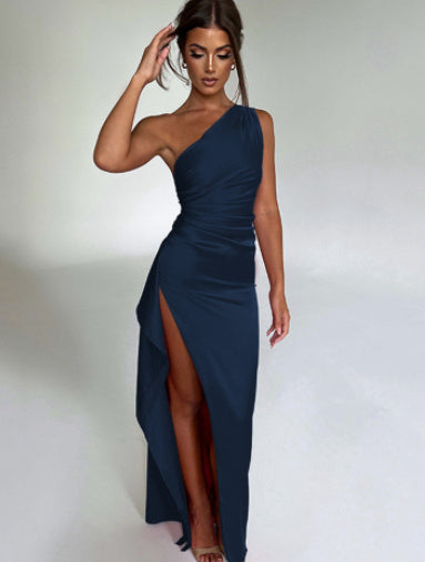 Sexy One-Shoulder Backless Satin Slit Dress