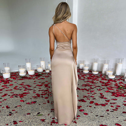 Sexy One-Shoulder Backless Satin Slit Dress