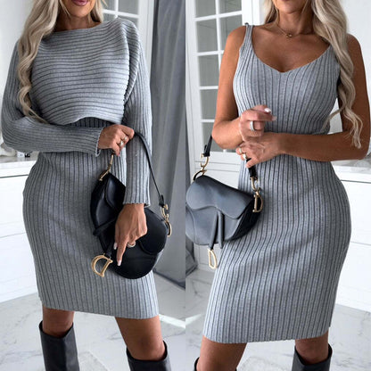 2-Piece Women's Solid Stripe Long-Sleeve Top & Suspender Skirt Set