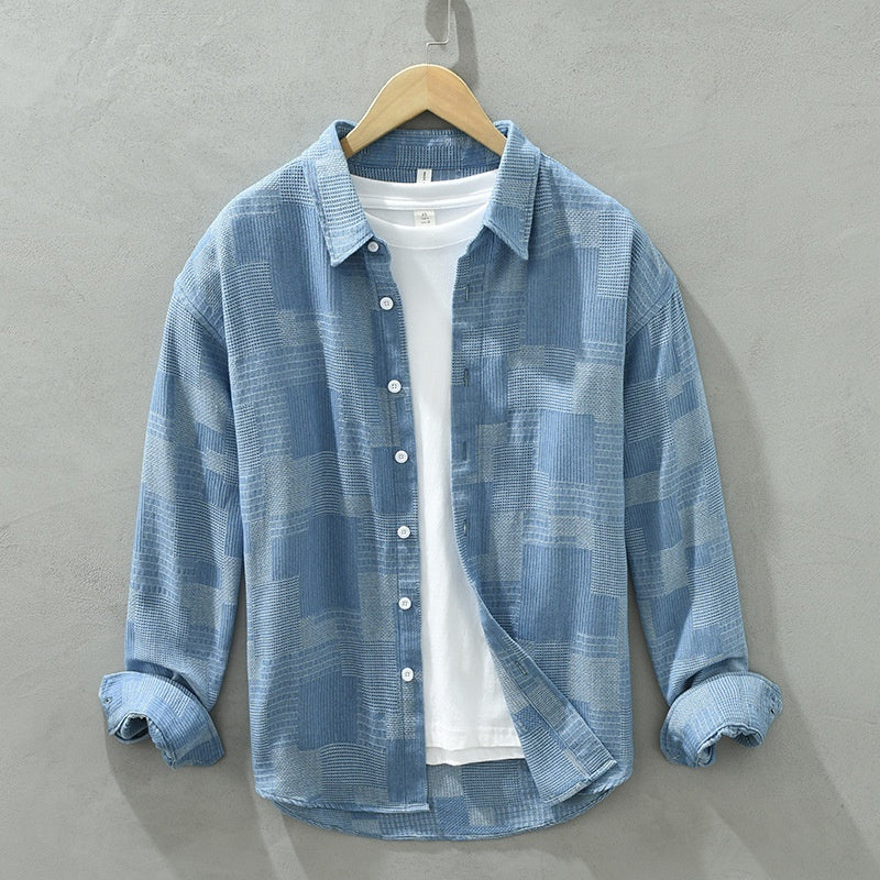 Jacquard Color Matching Denim Shirt - Men's Casual Long-Sleeved Coat